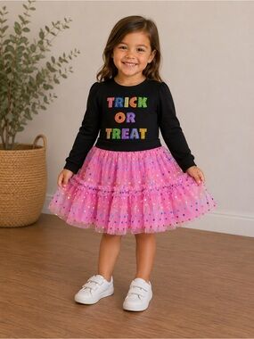 Zunie • NWT Girls' Pink Polka Dot Tulle Skirt Dress with 'Trick or Treat' Bodice
